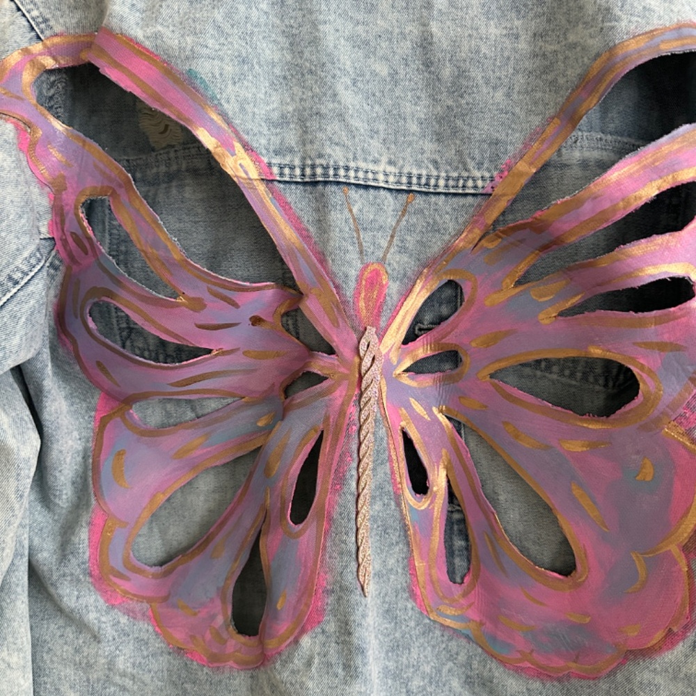 Judith March Distressed Butterfly Cutout Jean Jacket - Picture 3 of 4